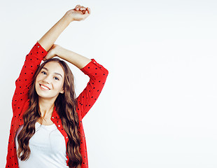 Image showing young pretty teenage hipster girl posing emotional happy smiling