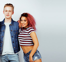 Image showing best friends teenage girl and boy together having fun, posing emotional on white background, couple happy smiling, lifestyle people concept, blond and brunette multi nations