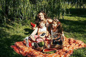 Image showing cute happy family on picnic laying on green grass mother and kid