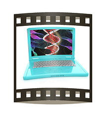 Image showing Laptop with dna medical model background on laptop screen. 3d il