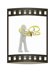 Image showing 3d man with drone, quadrocopter, with photo camera. 3d render. 3