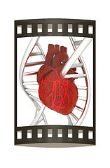 Image showing DNA and heart. 3d illustration. The film strip