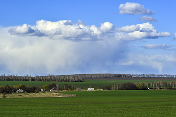 Image showing Rural landscape with a green field, clouds and farm