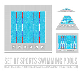 Image showing Set of sports swimming pools with different number of tracks plus a perspective view