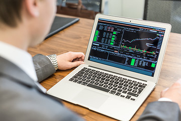 Image showing Young businessman working with laptop, man\'s hands on notebook computer.