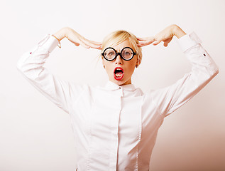 Image showing bookworm, cute young blond woman in glasses, blond hair, teenage