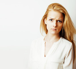 Image showing young blond woman on white backgroung gesture thumbs up, isolate