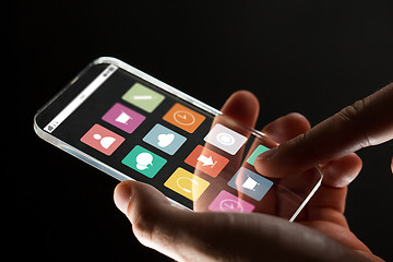 Image showing close up of businessman hand with glass smartphone