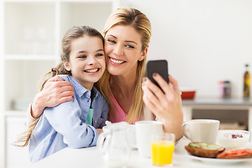 Image showing happy family taking selfie by smartphone at home