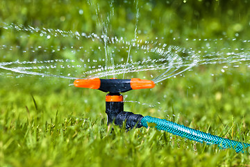 Image showing garden sprinkler spraying water over grass