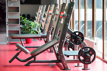 Image showing Barbell bench press stands ready to use