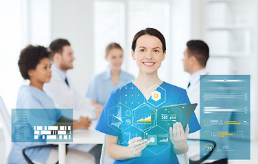 Image showing happy doctor over group of medics at hospital