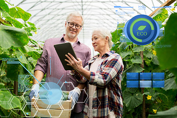 Image showing senior couple with cucumbers and tablet pc on farm