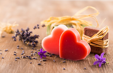 Image showing Handmade soap on wooden table