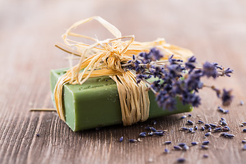 Image showing Handmade soap on wooden table