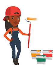 Image showing Painter holding paint roller vector illustration.