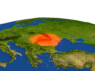 Image showing Romania in red from orbit