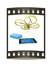 Image showing Drone, remote controller and tablet PC. The film strip