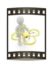 Image showing 3d man with drone, quadrocopter, with photo camera. 3d render. 3