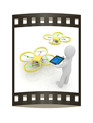 Image showing 3d white people. Man flying a white drone with camera. 3D render