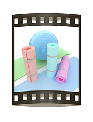 Image showing karemat and fitness ball. 3D illustration. The film strip