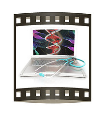 Image showing silver laptop diagnosis with stethoscope. 3D illustration. The f