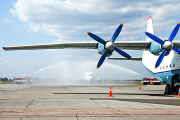 Image showing Water Salute for first flight in airport.