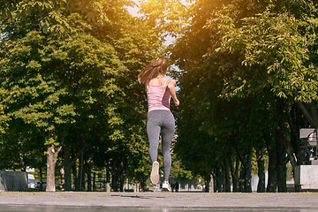 Image showing Pretty sporty woman jogging at park in sunrise light