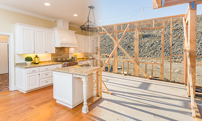 Image showing Transition of Beautiful New Home Kitchen From Framing To Complet