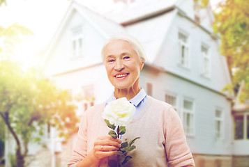 Image showing happy senior woman with rose flower at home