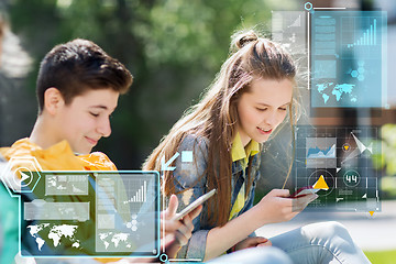 Image showing happy teenage friends with gadgets outdoors