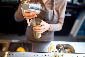Image showing woman bartender with cocktail shaker at bar