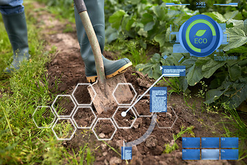 Image showing farmer with shovel digging garden bed or farm