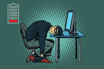 Image showing Tired hacker is asleep