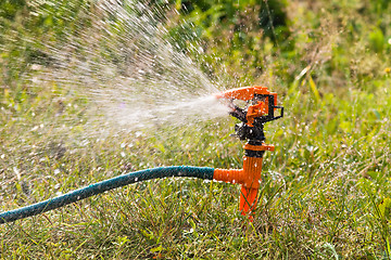 Image showing garden sprinkler spraying water over lawn