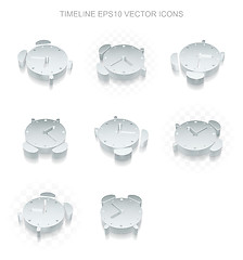 Image showing Timeline icons set: different views of metallic Alarm Clock, transparent shadow, EPS 10 vector.