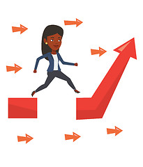 Image showing Businesswoman jumping over gap on arrow going up.