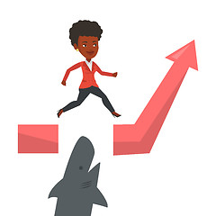 Image showing Business woman jumping over ocean with shark.
