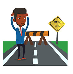 Image showing Businessman looking at road sign dead end.