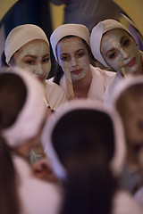 Image showing women putting face masks in the bathroom