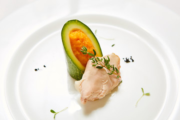 Image showing Steamed chicken fillet and vegetables. Shallow dof.