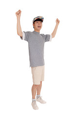 Image showing Happy Asian man with arms raised.
