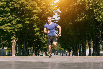 Image showing Man running in park at morning. Healthy lifestyle concept