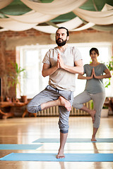 Image showing man and woman doing yoga tree pose at studio