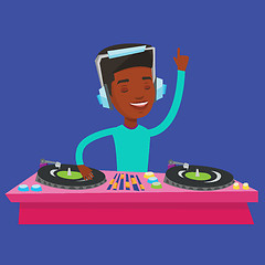 Image showing DJ mixing music on turntables vector illustration.