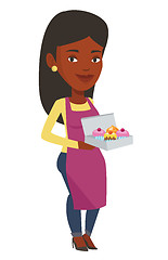 Image showing Baker delivering cakes vector illustration.