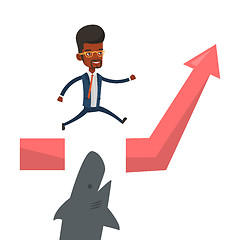 Image showing Business man jumping over ocean with shark.