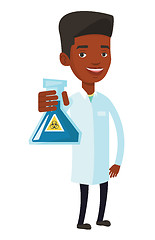 Image showing Scientist holding flask with biohazard sign.