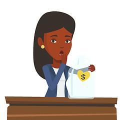 Image showing Bankrupt businesswoman looking at empty glass jar.