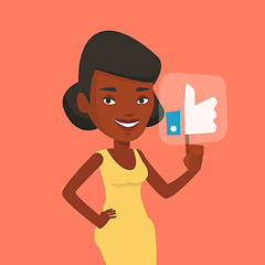 Image showing Woman pressing like button vector illustration.